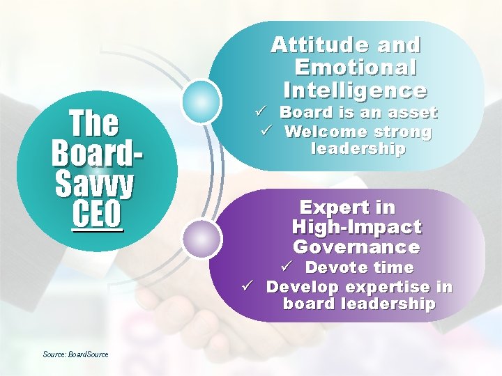 The Board. Savvy CEO Attitude and Emotional Intelligence ü Board is an asset ü