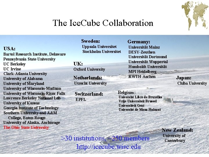 The Ice. Cube Collaboration Sweden: USA: Bartol Research Institute, Delaware Pennsylvania State University UC