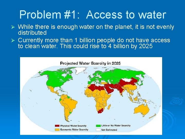 Problem #1: Access to water While there is enough water on the planet, it