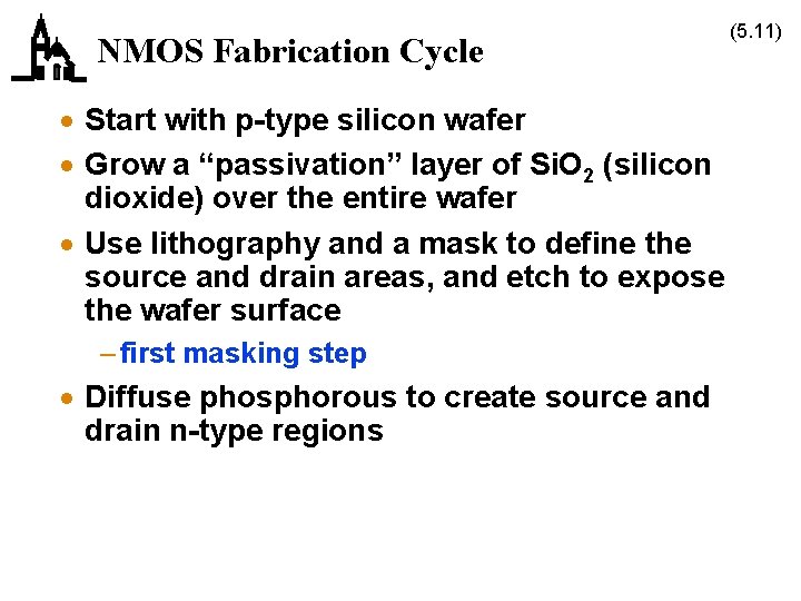NMOS Fabrication Cycle · Start with p-type silicon wafer · Grow a “passivation” layer