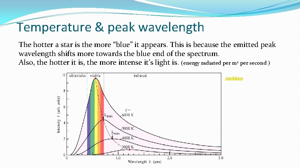 Temperature & peak wavelength The hotter a star is the more “blue” it appears.
