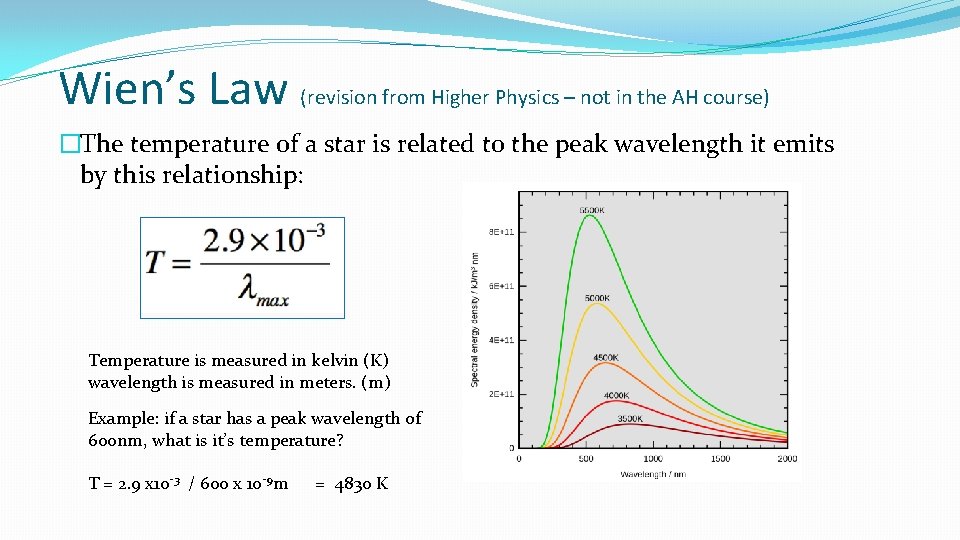 Wien’s Law (revision from Higher Physics – not in the AH course) �The temperature