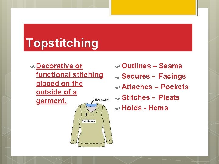 Topstitching Decorative or functional stitching placed on the outside of a garment. Outlines –