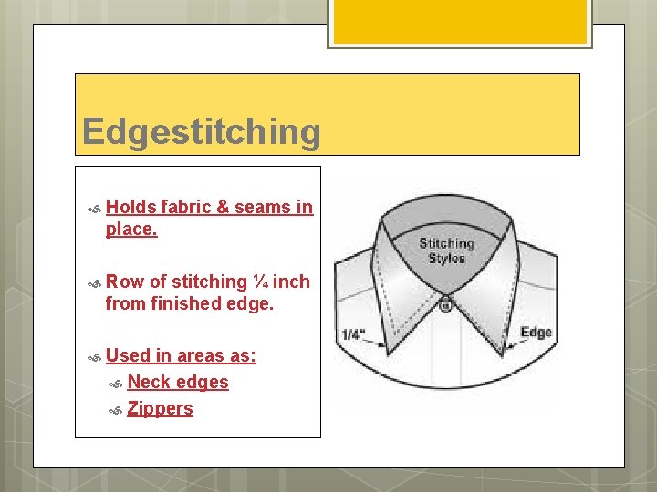 Edgestitching Holds fabric & seams in place. Row of stitching ¼ inch from finished