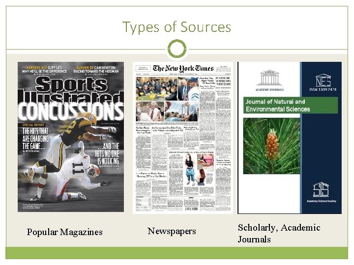Types of Sources Popular Magazines Newspapers Scholarly, Academic Journals 