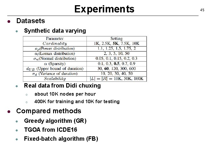 Experiments l Datasets l l l Synthetic data varying o Distribution of edge weights