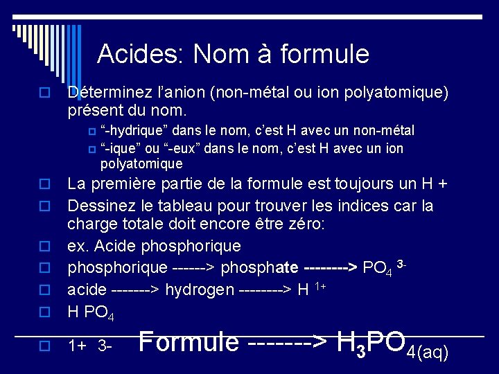 Acides: Nom à formule o Déterminez l’anion (non-métal ou ion polyatomique) présent du nom.