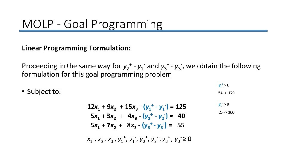 MOLP - Goal Programming Linear Programming Formulation: Proceeding in the same way for y