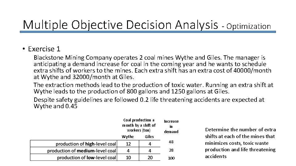 Multiple Objective Decision Analysis - Optimization • Exercise 1 Blackstone Mining Company operates 2