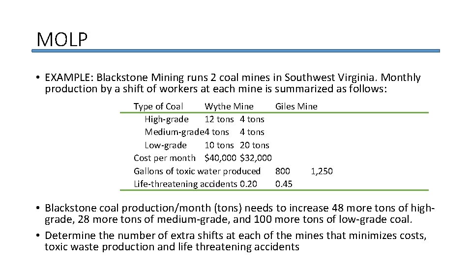 MOLP • EXAMPLE: Blackstone Mining runs 2 coal mines in Southwest Virginia. Monthly production
