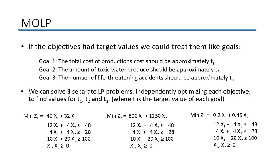 MOLP • If the objectives had target values we could treat them like goals: