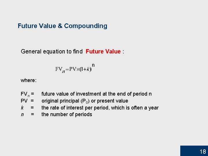 Future Value & Compounding General equation to find Future Value : where: FVn =