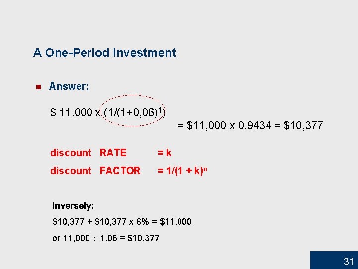 A One-Period Investment n Answer: $ 11. 000 x (1/(1+0, 06)1) = $11, 000