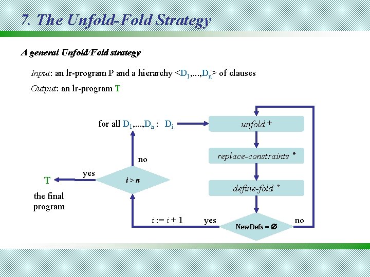 7. The Unfold-Fold Strategy A general Unfold/Fold strategy Input: an lr-program P and a
