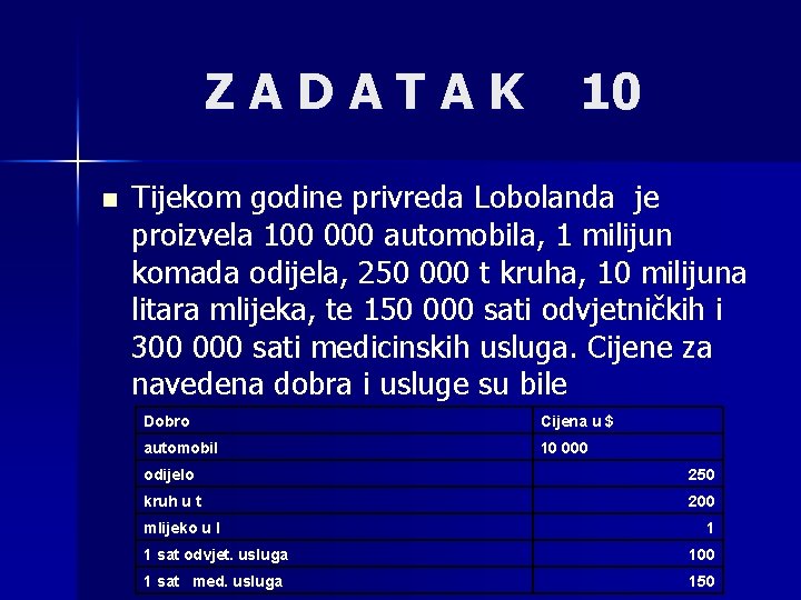 ZADATAK n 10 Tijekom godine privreda Lobolanda je proizvela 100 000 automobila, 1 milijun