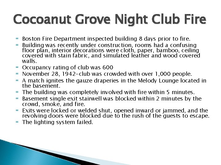 Cocoanut Grove Night Club Fire Boston Fire Department inspected building 8 days prior to