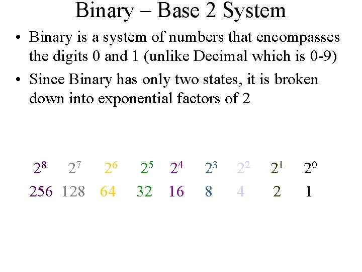 Binary – Base 2 System • Binary is a system of numbers that encompasses