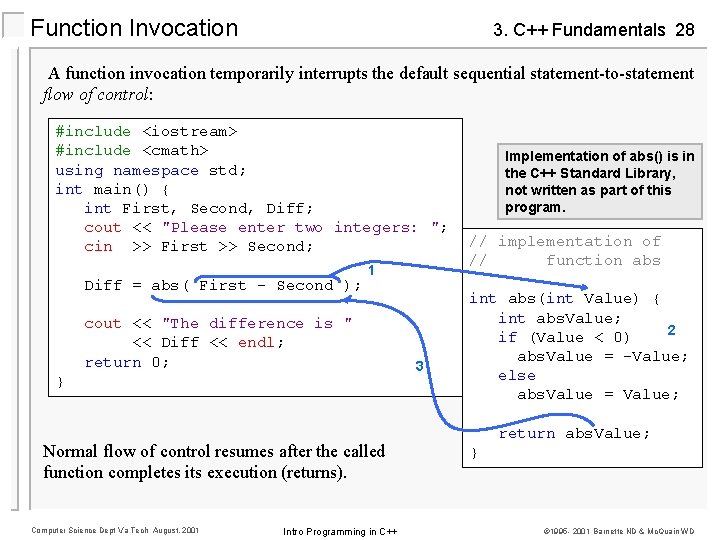 Function Invocation 3. C++ Fundamentals 28 A function invocation temporarily interrupts the default sequential