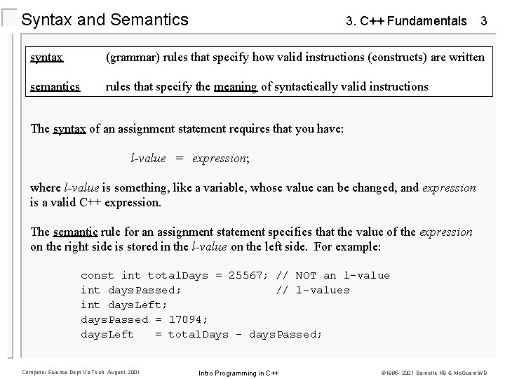 Syntax and Semantics 3. C++ Fundamentals 3 syntax (grammar) rules that specify how valid