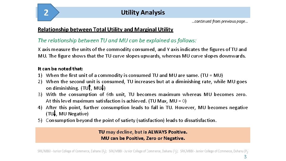 2 Utility Analysis …continued from previous page… Relationship between Total Utility and Marginal Utility