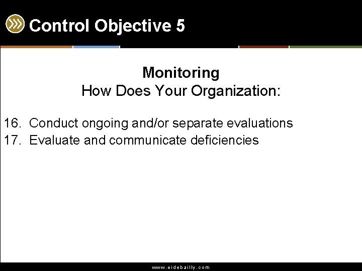 Control Objective 5 Monitoring How Does Your Organization: 16. Conduct ongoing and/or separate evaluations