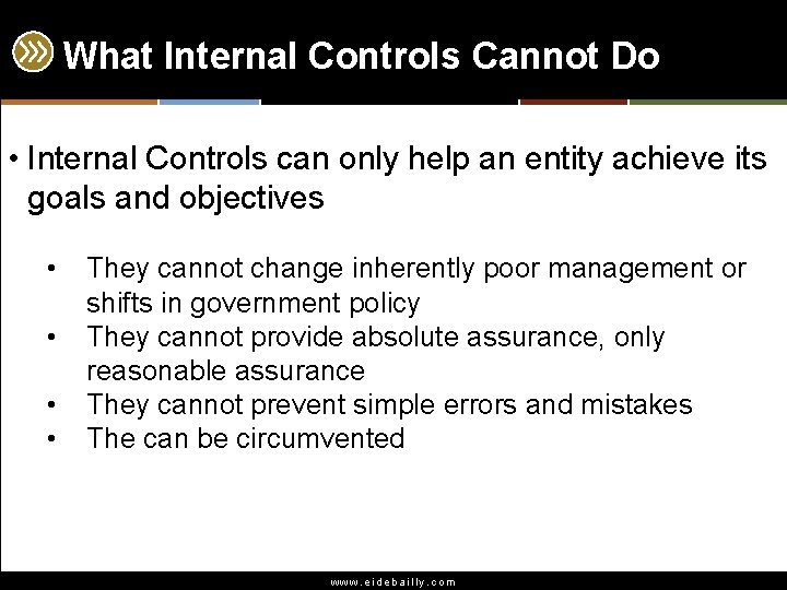 What Internal Controls Cannot Do • Internal Controls can only help an entity achieve