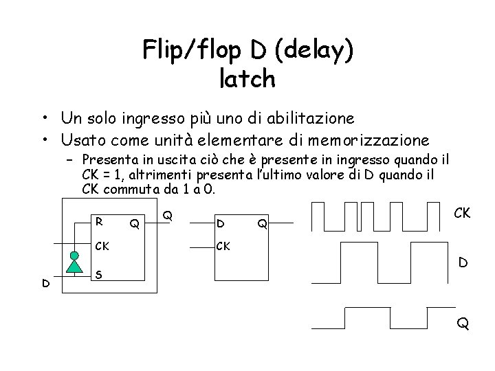 Flip/flop D (delay) latch • Un solo ingresso più uno di abilitazione • Usato