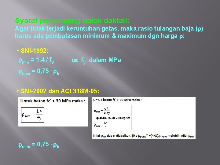 Syarat penampang balok daktail: Agar tidak terjadi keruntuhan getas, maka rasio tulangan baja (