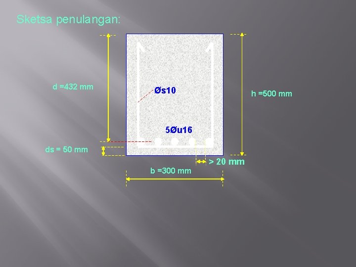 Sketsa penulangan: d =432 mm Øs 10 h =500 mm 5Øu 16 ds =