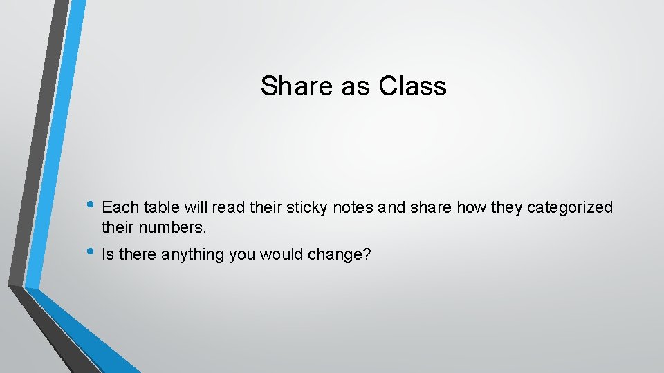 Share as Class • Each table will read their sticky notes and share how