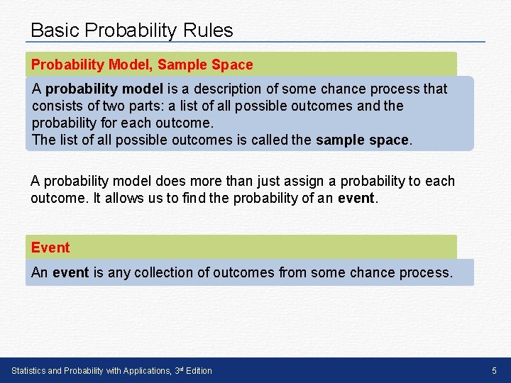 Basic Probability Rules Probability Model, Sample Space A probability model is a description of