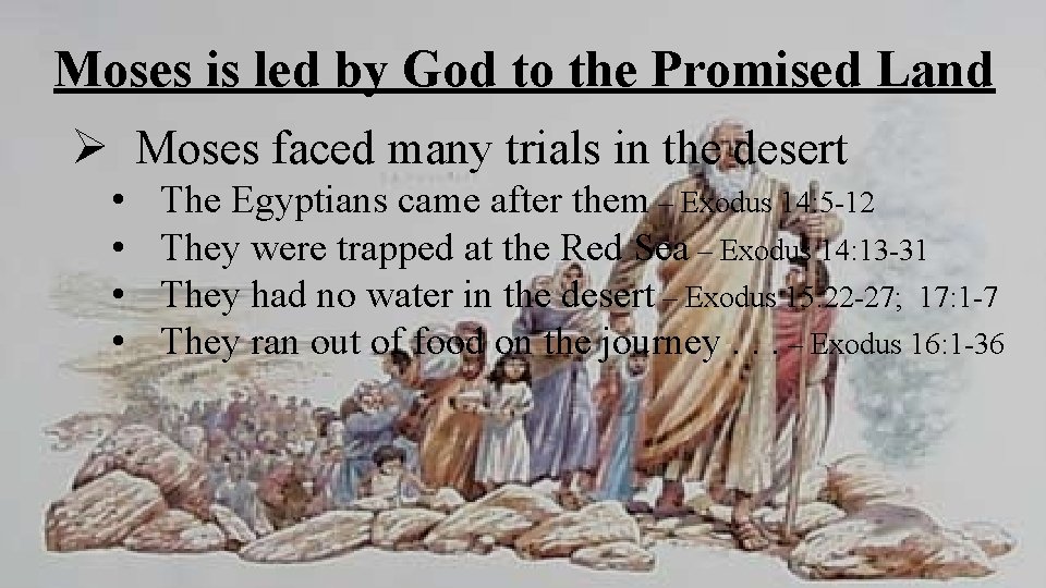 Moses is led by God to the Promised Land Ø Moses faced many trials