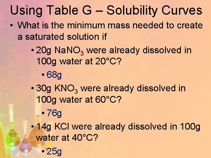 Using Table G – Solubility Curves • What is the minimum mass needed to