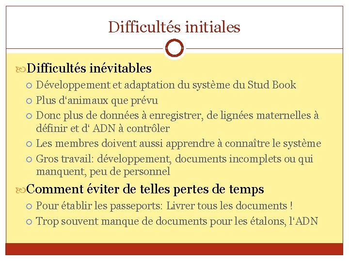 Difficultés initiales Difficultés inévitables Développement et adaptation du système du Stud Book Plus d‘animaux