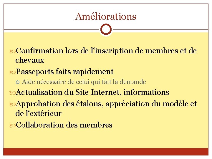 Améliorations Confirmation lors de l‘inscription de membres et de chevaux Passeports faits rapidement Aide