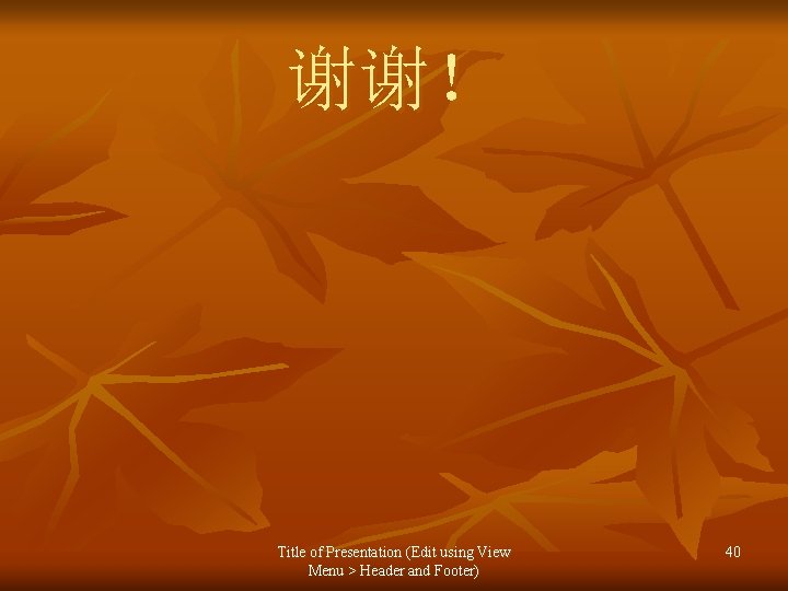 谢谢！ Title of Presentation (Edit using View Menu > Header and Footer) 40 