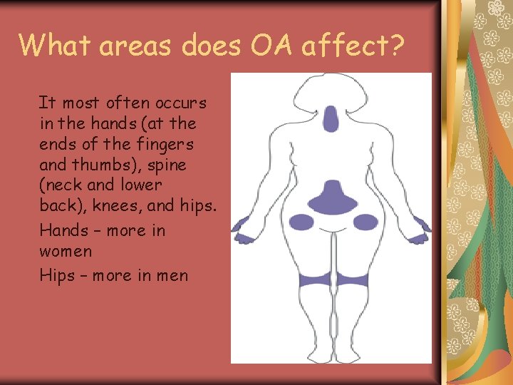 What areas does OA affect? It most often occurs in the hands (at the