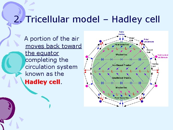 2. Tricellular model – Hadley cell A portion of the air moves back toward