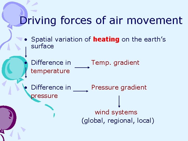 Driving forces of air movement • Spatial variation of heating on the earth’s surface