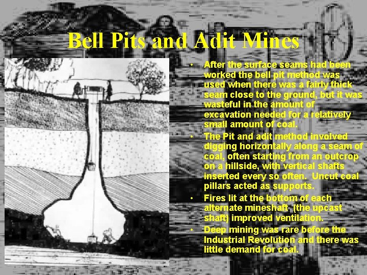 Bell Pits and Adit Mines • • After the surface seams had been worked