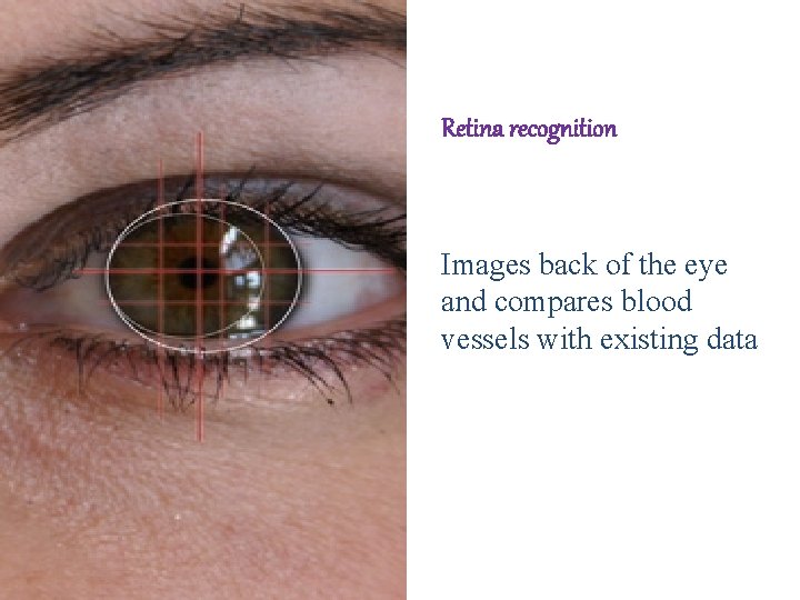 Retina recognition Images back of the eye and compares blood vessels with existing data Retina recognition Images back of the eye and compares blood vessels with existing data