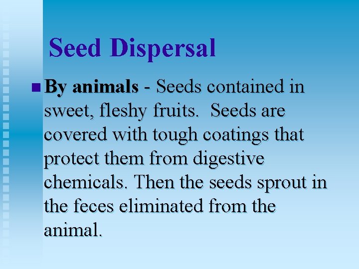 Seed Dispersal n By animals - Seeds contained in sweet, fleshy fruits. Seeds are