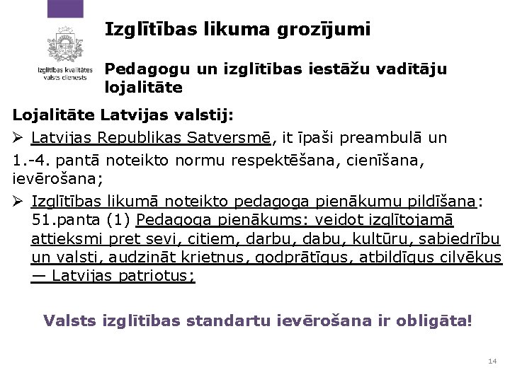 Izglītības likuma grozījumi Pedagogu un izglītības iestāžu vadītāju lojalitāte Latvijas valstij: Ø Latvijas Republikas