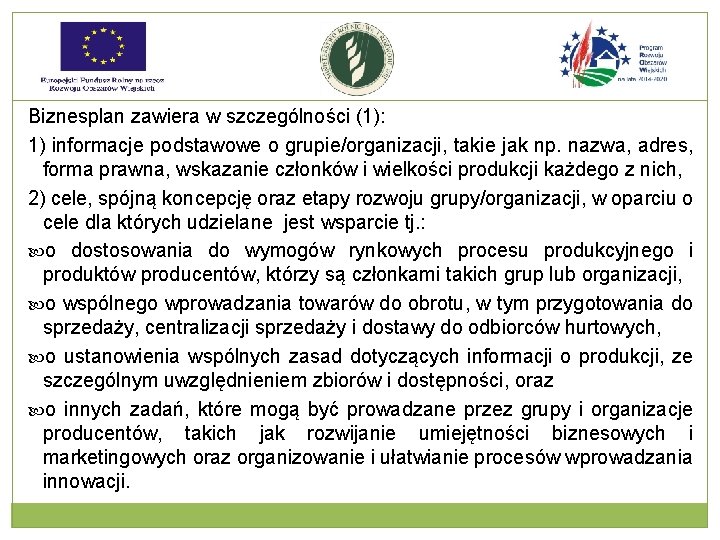 Biznesplan zawiera w szczególności (1): 1) informacje podstawowe o grupie/organizacji, takie jak np. nazwa,