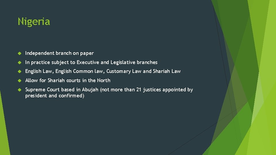 Nigeria Independent branch on paper In practice subject to Executive and Legislative branches English