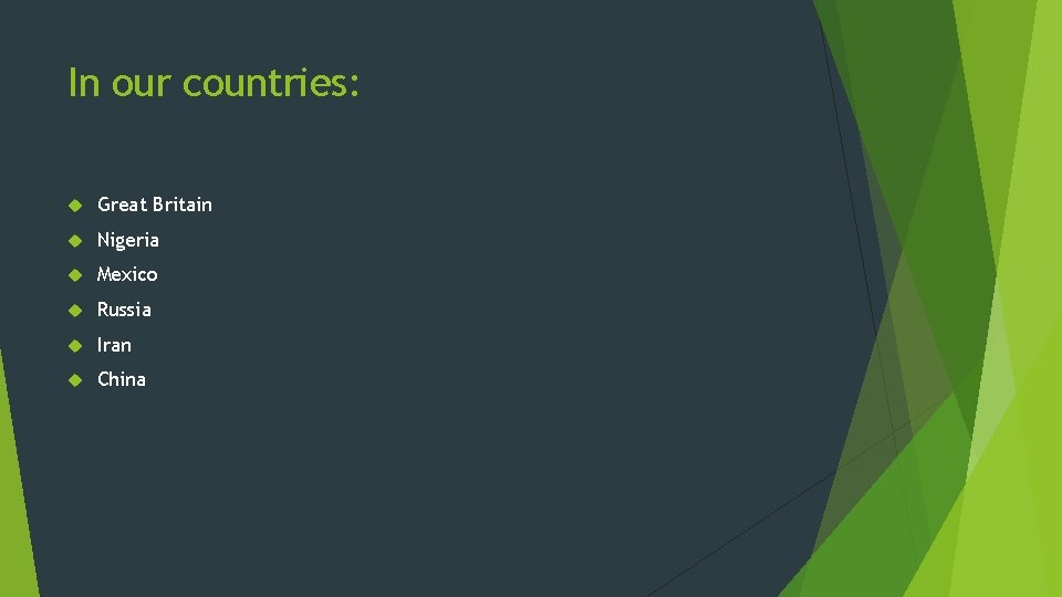 In our countries: Great Britain Nigeria Mexico Russia Iran China 