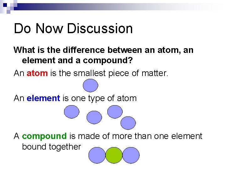 Do Now Discussion What is the difference between an atom, an element and a