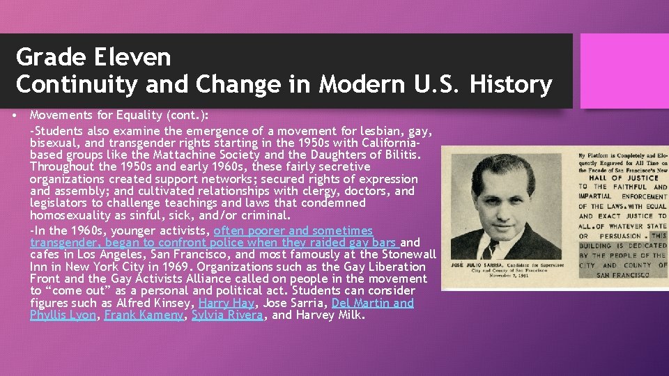 Grade Eleven Continuity and Change in Modern U. S. History • Movements for Equality