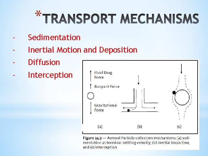 * - Sedimentation - Inertial Motion and Deposition - Diffusion - Interception 