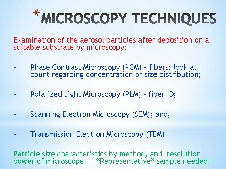 * Examination of the aerosol particles after deposition on a suitable substrate by microscopy: